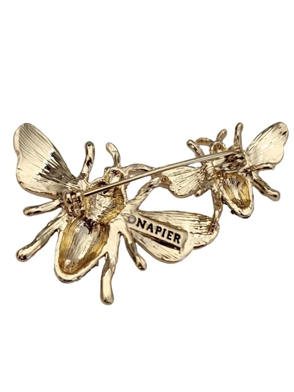 Napier Gold-Tone Clear Rhinestone Black Gold Enamel Bees Brooch, Signed K114